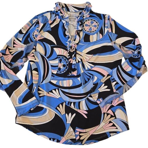 G Lifestyle Womens Abstract Print Ruffle Trim V Neck Top Blouse Multicolor Large - Picture 3 of 10